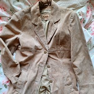 Beige panel suede leather trench jacket